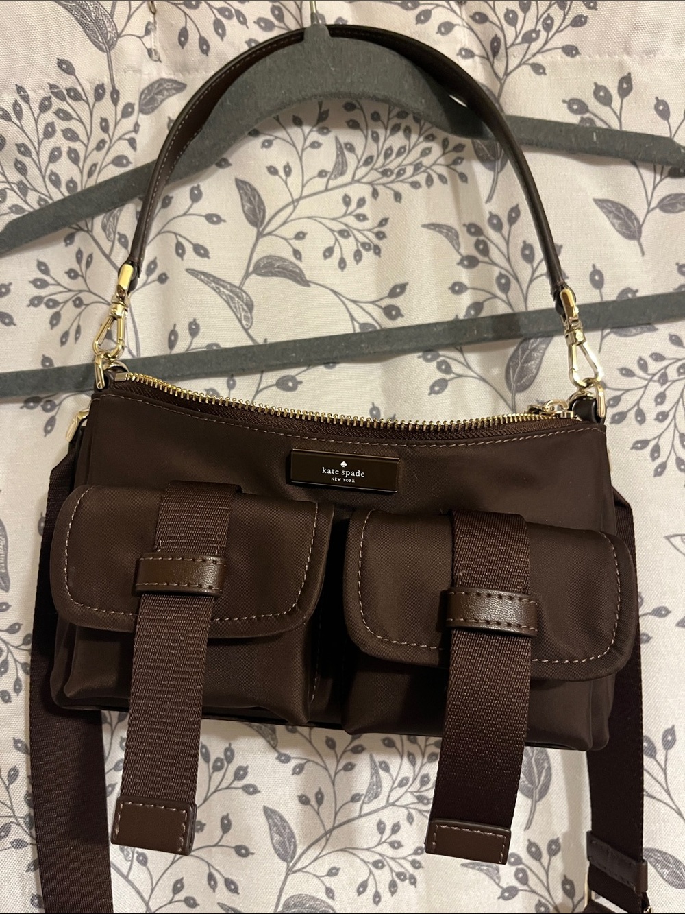 kate spade brown nylon dual-pocket crossbody bag